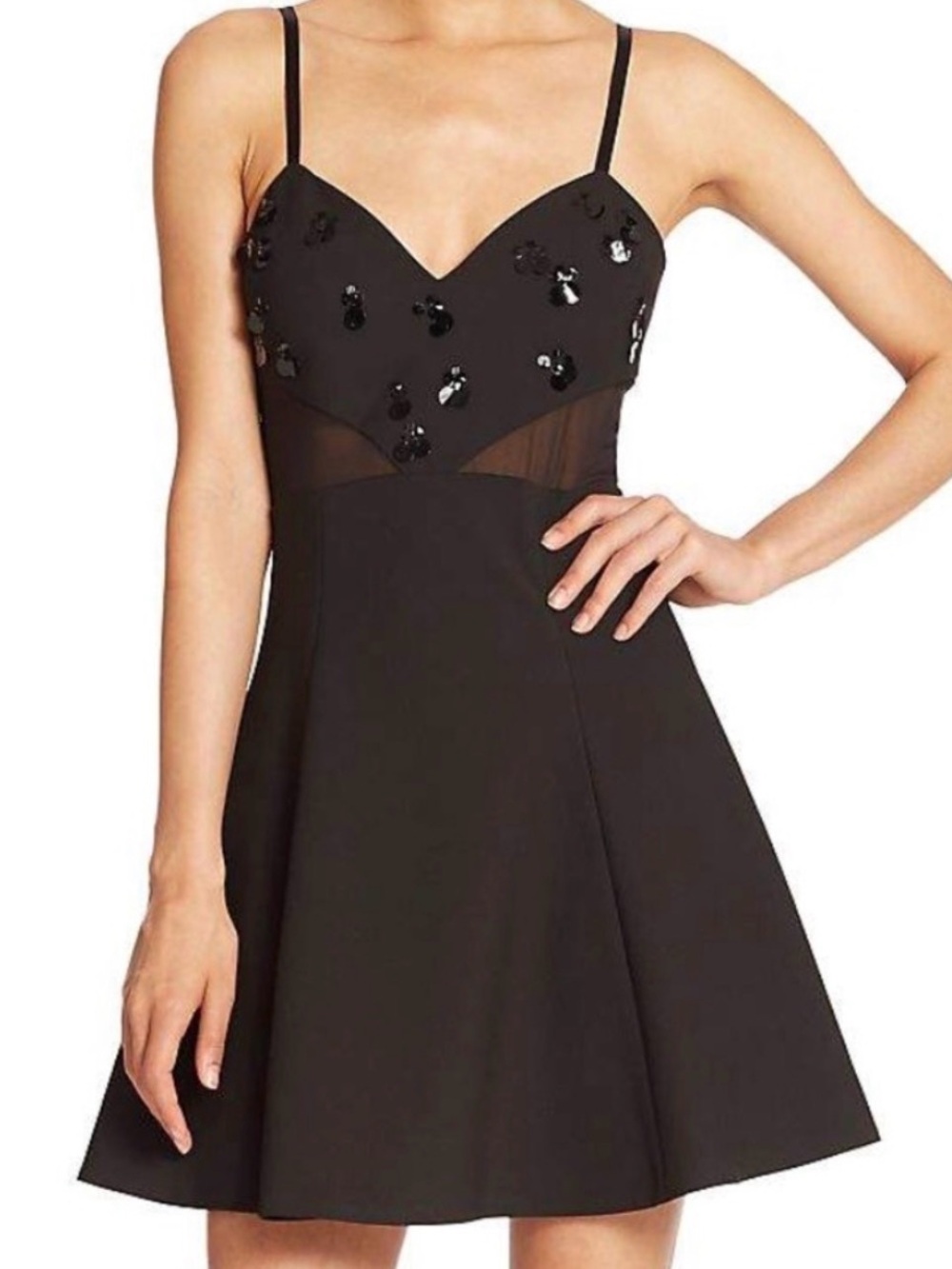 Elizabeth & James Black Sequin Mesh Fit-and-Flare Dress